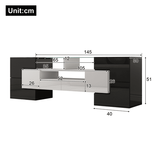 Móvel de TV 145 cm - Design moderno, superfície de vidro elegante, com iluminação LED - Branco+Preto Móvel de TV 145 cm - Design moderno, superfície de vidro elegante, com iluminação LED - Branco+Preto