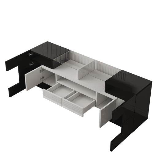 Móvel de TV 145 cm - Design moderno, superfície de vidro elegante, com iluminação LED - Branco+Preto Móvel de TV 145 cm - Design moderno, superfície de vidro elegante, com iluminação LED - Branco+Preto