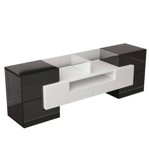 Móvel de TV 145 cm - Design moderno, superfície de vidro elegante, com iluminação LED - Branco+Preto Móvel de TV 145 cm - Design moderno, superfície de vidro elegante, com iluminação LED - Branco+Preto