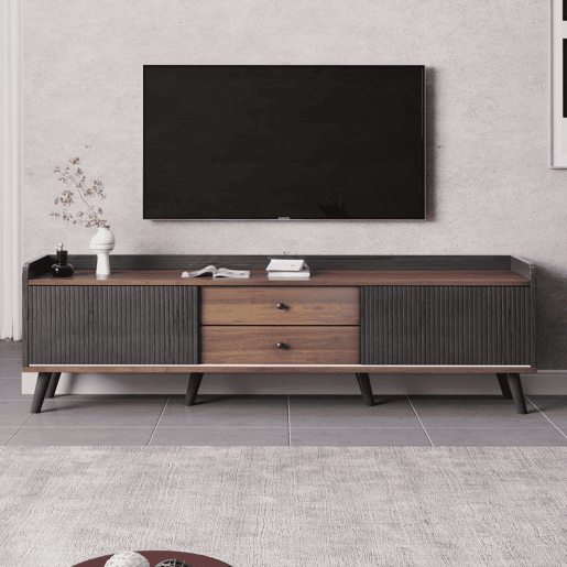 Móvel de TV 160 cm - Com 2 gavetas, 2 portas de correr, design elegante - Preto Móvel de TV 160 cm - Com 2 gavetas, 2 portas de correr, design elegante - Preto