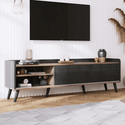 Móvel de TV 160 cm - Com 2 gavetas, 2 portas de correr, design elegante - Preto Móvel de TV 160 cm - Com 2 gavetas, 2 portas de correr, design elegante - Preto