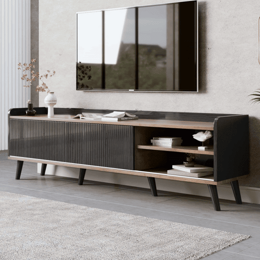 Móvel de TV 160 cm - Com 2 gavetas, 2 portas de correr, design elegante - Preto Móvel de TV 160 cm - Com 2 gavetas, 2 portas de correr, design elegante - Preto