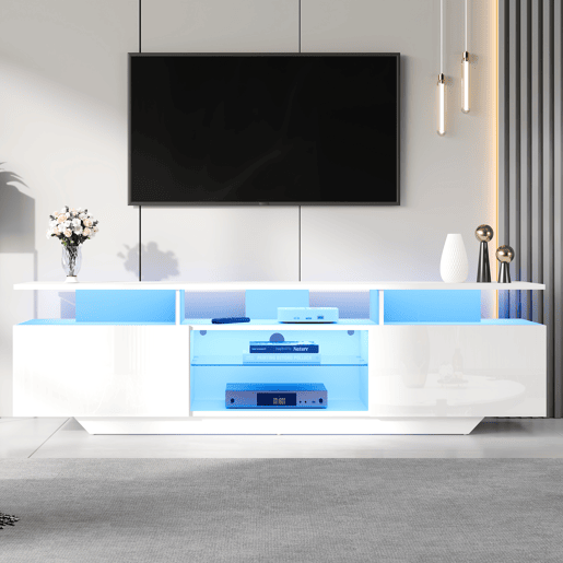 Móvel de TV 160x40x45 cm - Com 2 armários, LED, 8 prateleiras, para TV de 70 - Branco Móvel de TV 160x40x45 cm - Com 2 armários, LED, 8 prateleiras, para TV de 70 - Branco