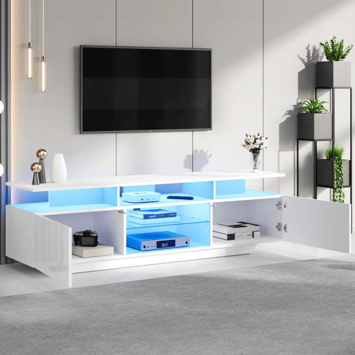 Móvel de TV 160x40x45 cm - Com 2 armários, LED, 8 prateleiras, para TV de 70 - Branco Móvel de TV 160x40x45 cm - Com 2 armários, LED, 8 prateleiras, para TV de 70 - Branco