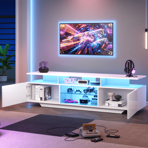 Móvel de TV 160x40x45 cm - Com 2 armários, LED, 8 prateleiras, para TV de 70 - Branco Móvel de TV 160x40x45 cm - Com 2 armários, LED, 8 prateleiras, para TV de 70 - Branco