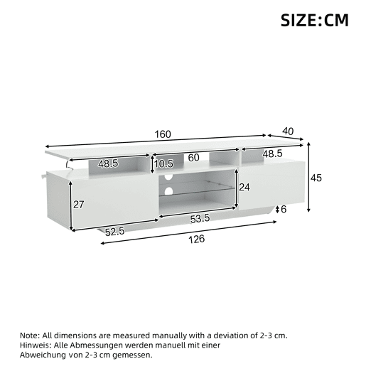 Móvel de TV 160x40x45 cm - Com 2 armários, LED, 8 prateleiras, para TV de 70 - Branco Móvel de TV 160x40x45 cm - Com 2 armários, LED, 8 prateleiras, para TV de 70 - Branco