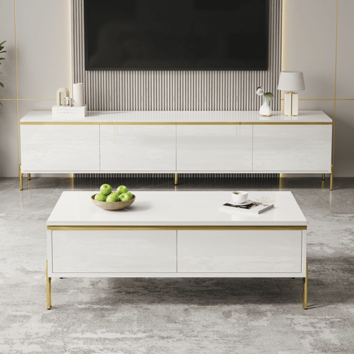 Conjunto de móvel de TV e mesa de centro - Luxuoso, alto brilho, bordas douradas, grande capacidade de armazenamento - Branco