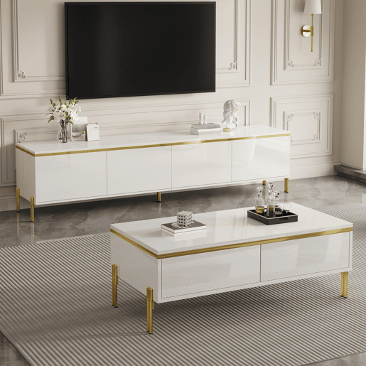 Conjunto de móvel de TV e mesa de centro - Luxuoso, alto brilho, bordas douradas, grande capacidade de armazenamento - Branco