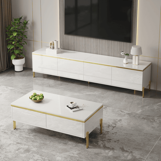 Conjunto de móvel de TV e mesa de centro - Luxuoso, alto brilho, bordas douradas, grande capacidade de armazenamento - Branco