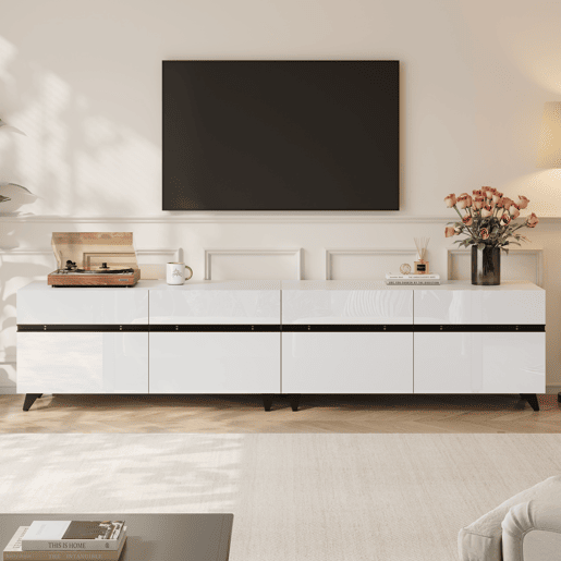 Móvel de TV 180x40x49 cm - Alto brilho, 4 armários, 8 pés, carga recomendada 52 kg - Branco Móvel de TV 180x40x49 cm - Alto brilho, 4 armários, 8 pés, carga recomendada 52 kg - Branco