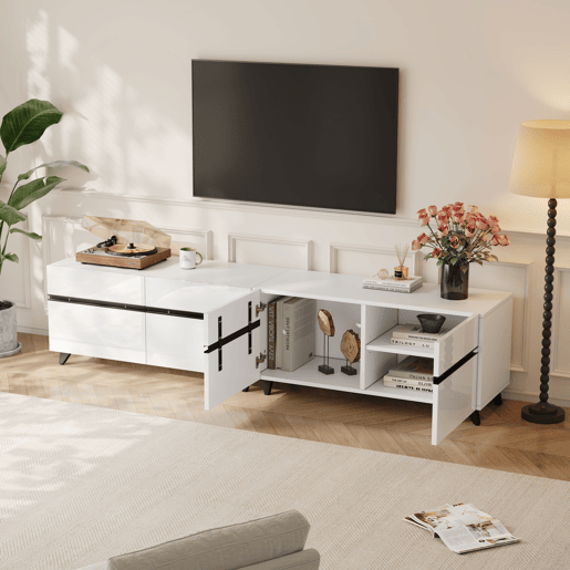 Móvel de TV 180x40x49 cm - Alto brilho, 4 armários, 8 pés, carga recomendada 52 kg - Branco Móvel de TV 180x40x49 cm - Alto brilho, 4 armários, 8 pés, carga recomendada 52 kg - Branco