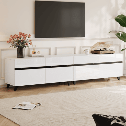 Móvel de TV 180x40x49 cm - Alto brilho, 4 armários, 8 pés, carga recomendada 52 kg - Branco Móvel de TV 180x40x49 cm - Alto brilho, 4 armários, 8 pés, carga recomendada 52 kg - Branco