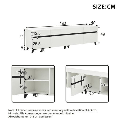 Móvel de TV 180x40x49 cm - Alto brilho, 4 armários, 8 pés, carga recomendada 52 kg - Branco Móvel de TV 180x40x49 cm - Alto brilho, 4 armários, 8 pés, carga recomendada 52 kg - Branco