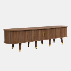 Conjunto de sala de estar de 2 peças u2013 mesa de centro com altura ajustável e móvel de TV com portas de correr, design com ranhuras verticais, pés em madeira, puxadores dourados e amplo espaço de arrumação u2013 cor nogueira