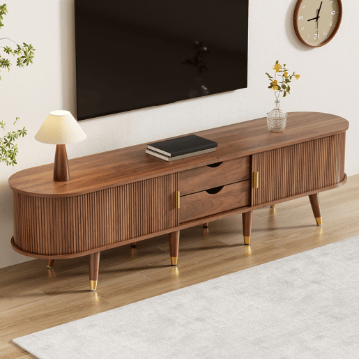 Conjunto de sala de estar de 2 peças u2013 mesa de centro com altura ajustável e móvel de TV com portas de correr, design com ranhuras verticais, pés em madeira, puxadores dourados e amplo espaço de arrumação u2013 cor nogueira Conjunto de sala de estar de 2 peças u2013 mesa de centro com altura ajustável e móvel de TV com portas de correr, design com ranhuras verticais, pés em madeira, puxadores dourados e amplo espaço de arrumação u2013 cor nogueira