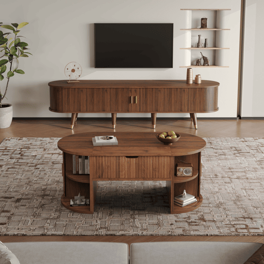 Conjunto de sala de estar de 2 peças u2013 mesa de centro com altura ajustável e móvel de TV com portas de correr, design com ranhuras verticais, pés em madeira, puxadores dourados e amplo espaço de arrumação u2013 cor nogueira Conjunto de sala de estar de 2 peças u2013 mesa de centro com altura ajustável e móvel de TV com portas de correr, design com ranhuras verticais, pés em madeira, puxadores dourados e amplo espaço de arrumação u2013 cor nogueira