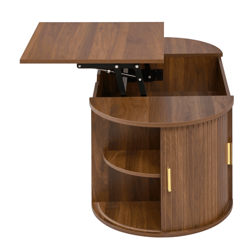 Conjunto de sala de estar de 2 peças u2013 mesa de centro com altura ajustável e móvel de TV com portas de correr, design com ranhuras verticais, pés em madeira, puxadores dourados e amplo espaço de arrumação u2013 cor nogueira Conjunto de sala de estar de 2 peças u2013 mesa de centro com altura ajustável e móvel de TV com portas de correr, design com ranhuras verticais, pés em madeira, puxadores dourados e amplo espaço de arrumação u2013 cor nogueira