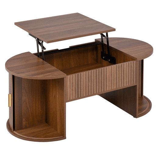 Conjunto de sala de estar de 2 peças u2013 mesa de centro com altura ajustável e móvel de TV com portas de correr, design com ranhuras verticais, pés em madeira, puxadores dourados e amplo espaço de arrumação u2013 cor nogueira Conjunto de sala de estar de 2 peças u2013 mesa de centro com altura ajustável e móvel de TV com portas de correr, design com ranhuras verticais, pés em madeira, puxadores dourados e amplo espaço de arrumação u2013 cor nogueira