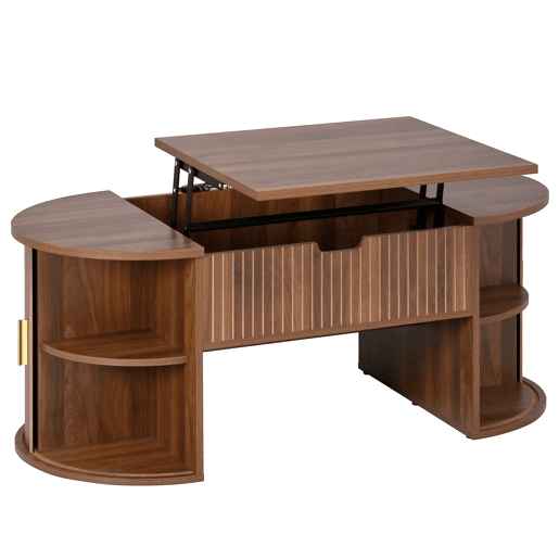 Conjunto de sala de estar de 2 peças u2013 mesa de centro com altura ajustável e móvel de TV com portas de correr, design com ranhuras verticais, pés em madeira, puxadores dourados e amplo espaço de arrumação u2013 cor nogueira Conjunto de sala de estar de 2 peças u2013 mesa de centro com altura ajustável e móvel de TV com portas de correr, design com ranhuras verticais, pés em madeira, puxadores dourados e amplo espaço de arrumação u2013 cor nogueira