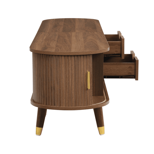 Conjunto de sala de estar de 2 peças u2013 mesa de centro com altura ajustável e móvel de TV com portas de correr, design com ranhuras verticais, pés em madeira, puxadores dourados e amplo espaço de arrumação u2013 cor nogueira Conjunto de sala de estar de 2 peças u2013 mesa de centro com altura ajustável e móvel de TV com portas de correr, design com ranhuras verticais, pés em madeira, puxadores dourados e amplo espaço de arrumação u2013 cor nogueira