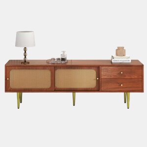 Móvel de TV 160x40x60 cm - Estilo moderno com portas de correr em rattan e gavetas - Nogueira e rattan escuro