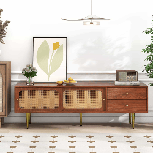Móvel de TV 160x40x60 cm - Estilo moderno com portas de correr em rattan e gavetas - Nogueira e rattan escuro Móvel de TV 160x40x60 cm - Estilo moderno com portas de correr em rattan e gavetas - Nogueira e rattan escuro