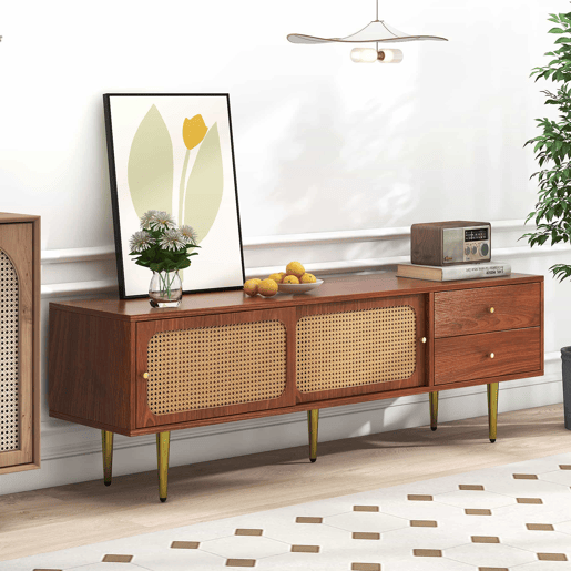 Móvel de TV 160x40x60 cm - Estilo moderno com portas de correr em rattan e gavetas - Nogueira e rattan escuro Móvel de TV 160x40x60 cm - Estilo moderno com portas de correr em rattan e gavetas - Nogueira e rattan escuro