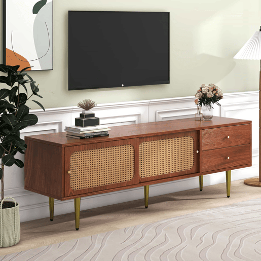 Móvel de TV 160x40x60 cm - Estilo moderno com portas de correr em rattan e gavetas - Nogueira e rattan escuro Móvel de TV 160x40x60 cm - Estilo moderno com portas de correr em rattan e gavetas - Nogueira e rattan escuro