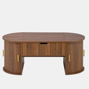 Conjunto de sala de estar de 3 peças - mesa de centro com altura ajustável, móvel de TV, aparador, portas de correr, acabamento com ranhuras verticais, pés em madeira, puxadores dourados, espaço de arrumação - Nogueira