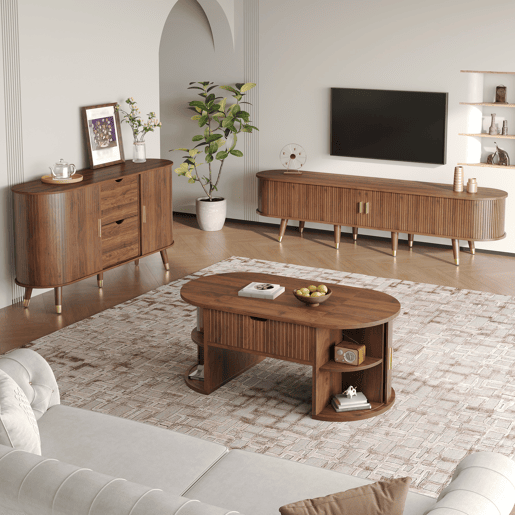 Conjunto de sala de estar de 3 peças - mesa de centro com altura ajustável, móvel de TV, aparador, portas de correr, acabamento com ranhuras verticais, pés em madeira, puxadores dourados, espaço de arrumação - Nogueira