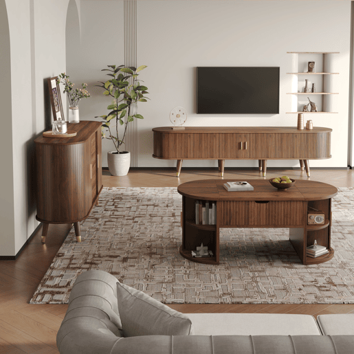 Conjunto de sala de estar de 3 peças - mesa de centro com altura ajustável, móvel de TV, aparador, portas de correr, acabamento com ranhuras verticais, pés em madeira, puxadores dourados, espaço de arrumação - Nogueira