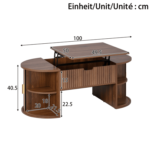 Conjunto de sala de estar de 3 peças - mesa de centro com altura ajustável, móvel de TV, aparador, portas de correr, acabamento com ranhuras verticais, pés em madeira, puxadores dourados, espaço de arrumação - Nogueira