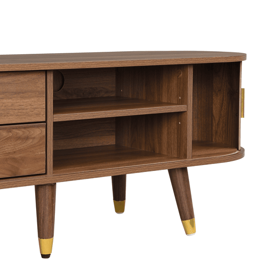 Conjunto de sala de estar de 3 peças - mesa de centro com altura ajustável, móvel de TV, aparador, portas de correr, acabamento com ranhuras verticais, pés em madeira, puxadores dourados, espaço de arrumação - Nogueira