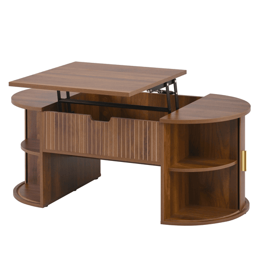 Conjunto de sala de estar de 3 peças - mesa de centro com altura ajustável, móvel de TV, aparador, portas de correr, acabamento com ranhuras verticais, pés em madeira, puxadores dourados, espaço de arrumação - Nogueira