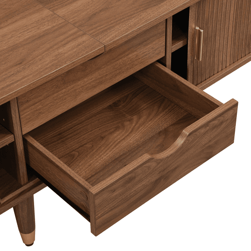 Conjunto de sala de estar de 3 peças - mesa de centro com altura ajustável, móvel de TV, aparador, portas de correr, acabamento com ranhuras verticais, pés em madeira, puxadores dourados, espaço de arrumação - Nogueira