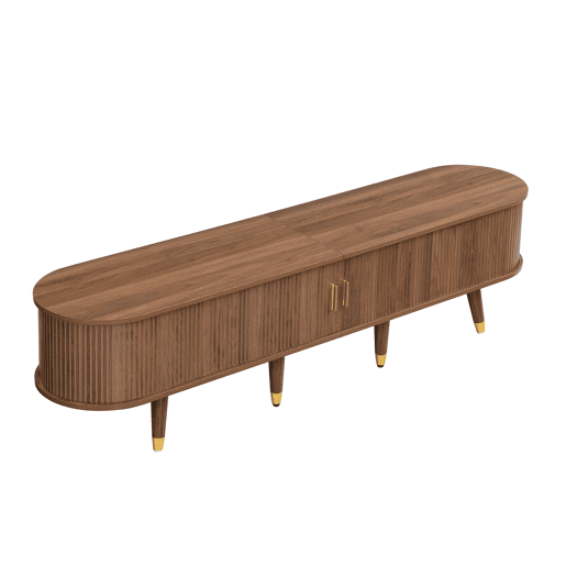 Conjunto de sala de estar de 3 peças - mesa de centro com altura ajustável, móvel de TV, aparador, portas de correr, acabamento com ranhuras verticais, pés em madeira, puxadores dourados, espaço de arrumação - Nogueira