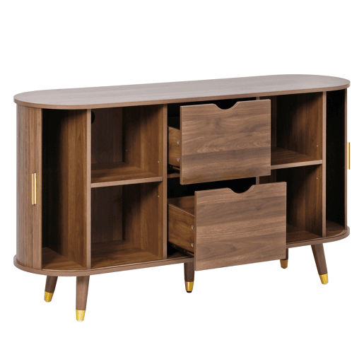 Conjunto de sala de estar de 3 peças - mesa de centro com altura ajustável, móvel de TV, aparador, portas de correr, acabamento com ranhuras verticais, pés em madeira, puxadores dourados, espaço de arrumação - Nogueira