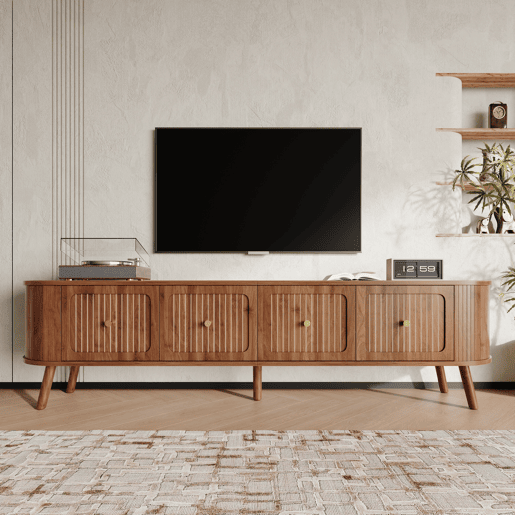 Móvel de TV 180x38x47 cm - 4 portas, puxadores dourados, pés de madeira - Nogal