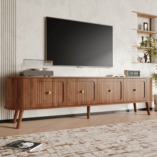 Móvel de TV 180x38x47 cm - 4 portas, puxadores dourados, pés de madeira - Nogal