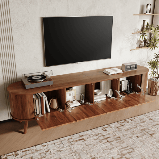Móvel de TV 180x38x47 cm - 4 portas, puxadores dourados, pés de madeira - Nogal