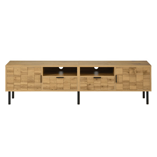Móvel de TV Mosaik com 2 portas e 2 gavetas - Móvel baixo para sala de estar com 2 prateleiras abertas, pés metálicos - Cor natural