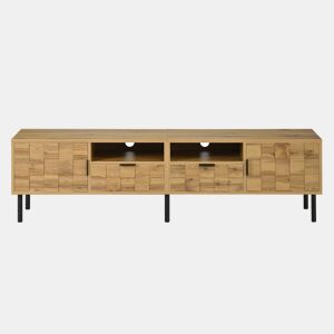 Móvel de TV Mosaik com 2 portas e 2 gavetas - Móvel baixo para sala de estar com 2 prateleiras abertas, pés metálicos - Cor natural