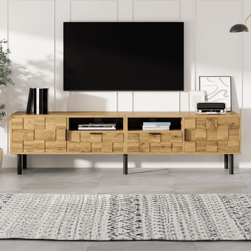 Móvel de TV Mosaik com 2 portas e 2 gavetas - Móvel baixo para sala de estar com 2 prateleiras abertas, pés metálicos - Cor natural