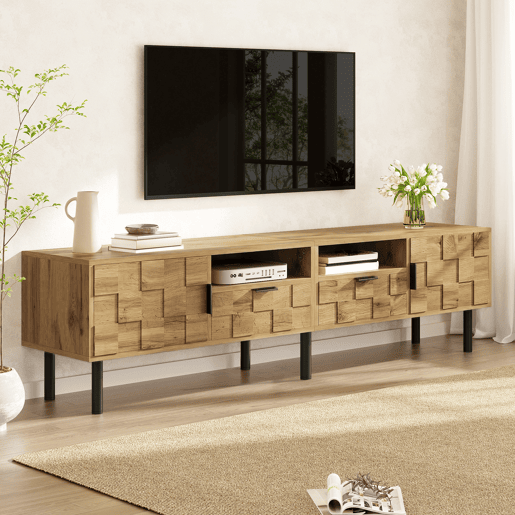 Móvel de TV Mosaik com 2 portas e 2 gavetas - Móvel baixo para sala de estar com 2 prateleiras abertas, pés metálicos - Cor natural