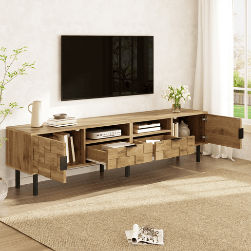 Móvel de TV Mosaik com 2 portas e 2 gavetas - Móvel baixo para sala de estar com 2 prateleiras abertas, pés metálicos - Cor natural