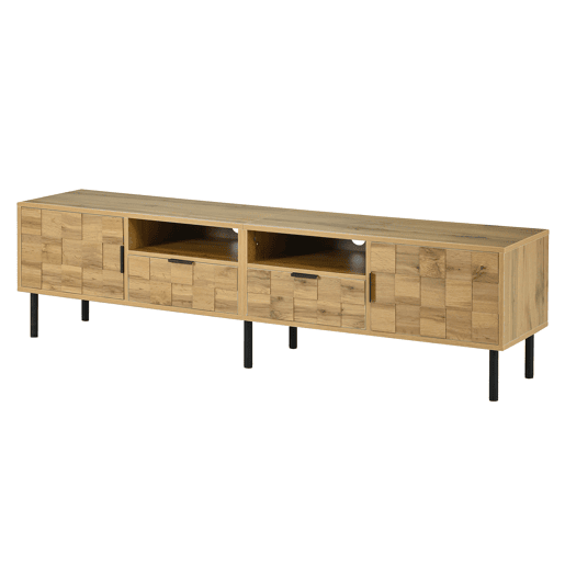 Móvel de TV Mosaik com 2 portas e 2 gavetas - Móvel baixo para sala de estar com 2 prateleiras abertas, pés metálicos - Cor natural