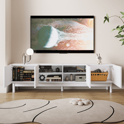 Lowboard 169 cm - Portas curvas, prateleiras e suporte para TV com pés estabilizadores - Branco