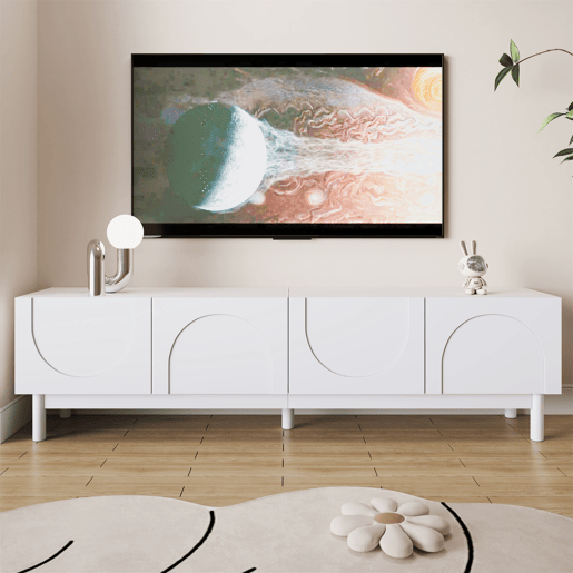 Lowboard 169 cm - Portas curvas, prateleiras e suporte para TV com pés estabilizadores - Branco