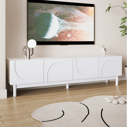 Lowboard 169 cm - Portas curvas, prateleiras e suporte para TV com pés estabilizadores - Branco