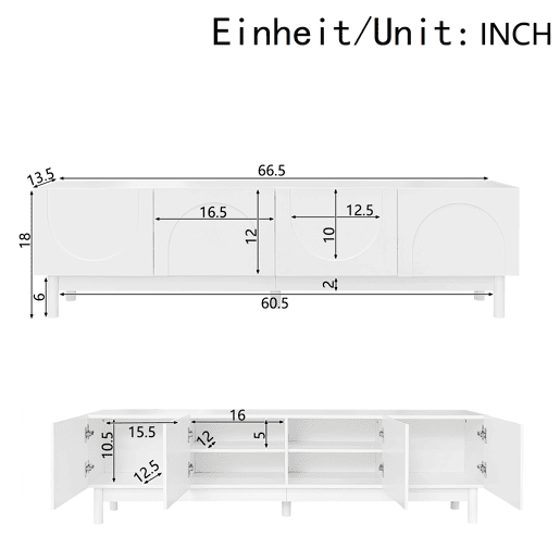 Lowboard 169 cm - Portas curvas, prateleiras e suporte para TV com pés estabilizadores - Branco